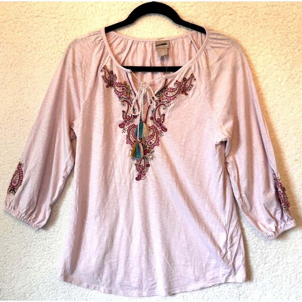 Chicos size 0 S Tunic Embroidered Design 3/4 Sleeve Tassel Tie Front Cotton Boho